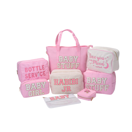 Cream with Baby Pink Trim, Large Pouch "Love You to the Moon and Back"