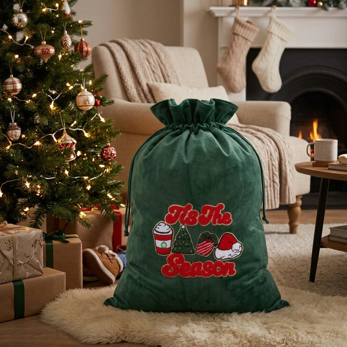 ”Tis the Season” Green Velvet Christmas Sack