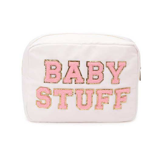 "Baby Stuff" Large Pouch, White with Pink Letters