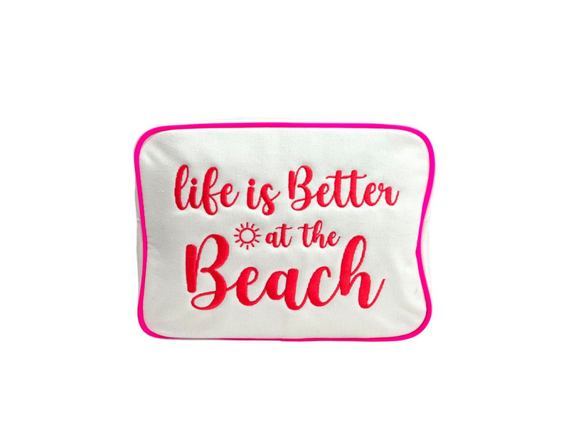 Cream with Neon Pink Trim Large Pouch -