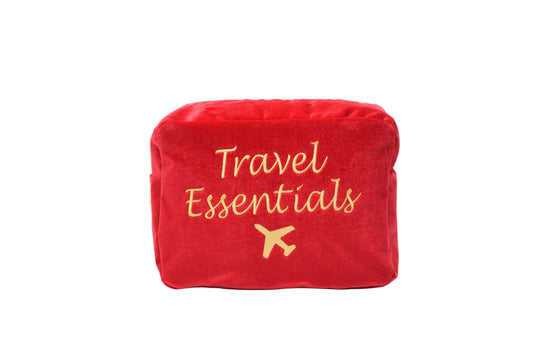 "Travel Essentials" Large Velvet Pouch, Red