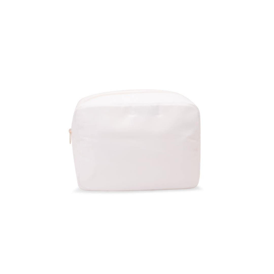 "Baby Stuff" Large Pouch, White with Baby Blue Letters - The Happy Tribe