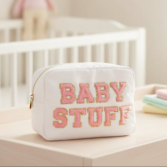 "Baby Stuff" Large Pouch, White with Pink Letters - The Happy Tribe