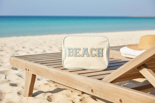 "Beach" Large Pouch, Cream Canvas with Baby Blue Trim - The Happy Tribe