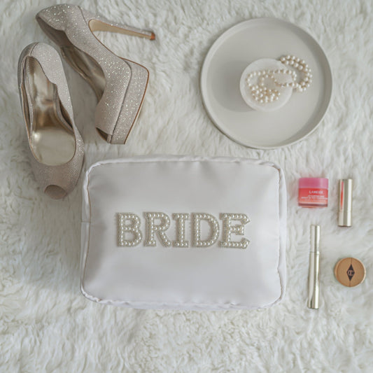 "Bride" Large Pouch, White with Pearl Lettering - The Happy Tribe