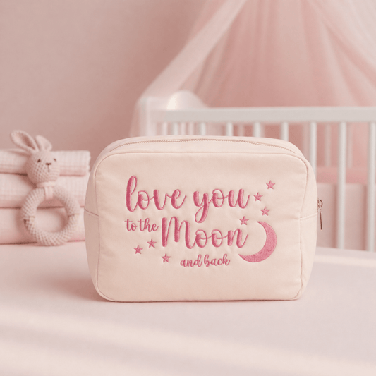 Cream with Baby Pink Trim, Large Pouch "Love You to the Moon and Back" - The Happy Tribe