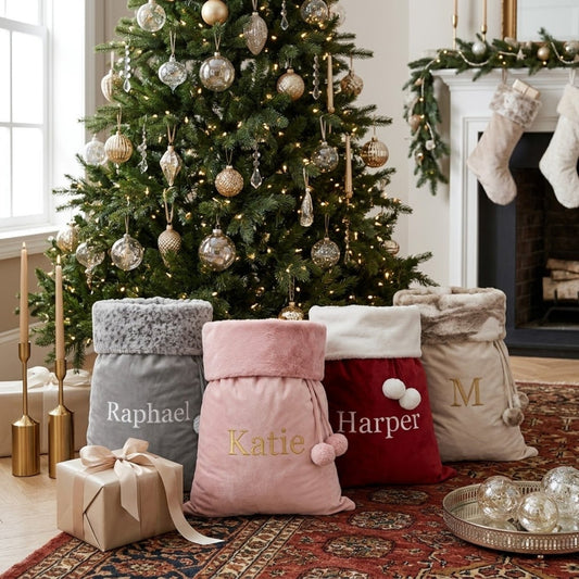 Personalised Embroidered Velvet Christmas Sack with Pompoms - The Happy Tribe