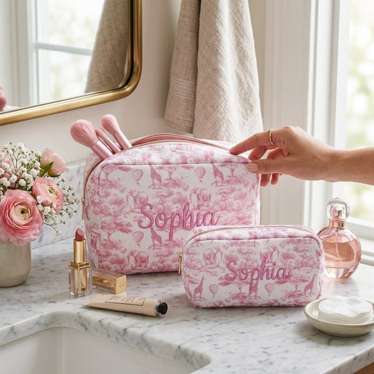Personalised Pink Toile 2-Pc Pouch Set - The Happy Tribe