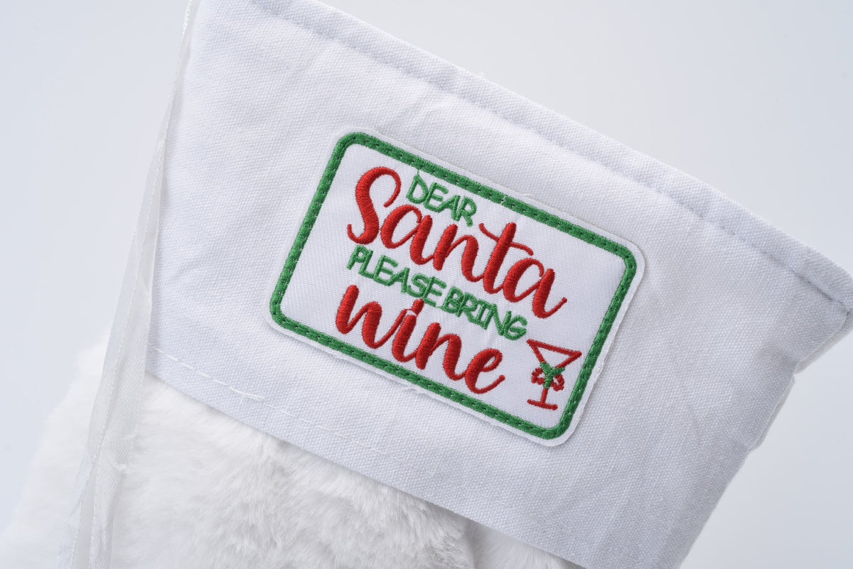 White fur Stocking “ Santa please bring wine “ - The Happy Tribe