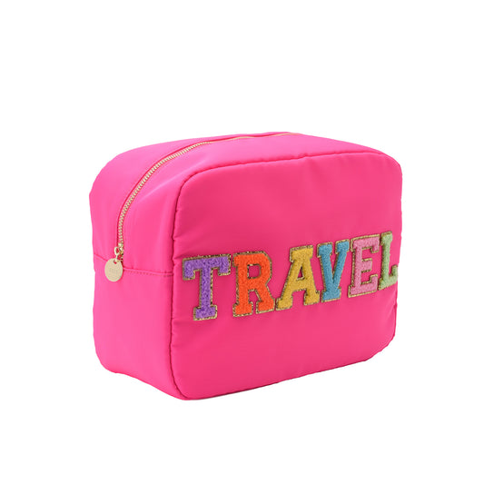 Neon Pink Large “Travel" Pouch - The Happy Tribe