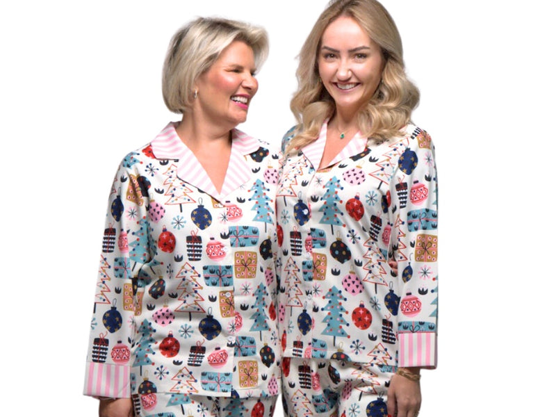 Women’s Christmas Print PJs with Striped Collar & Cuffs