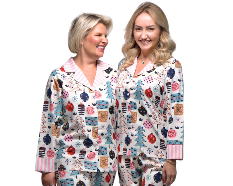 Women’s Christmas Print PJs with Striped Collar & Cuffs