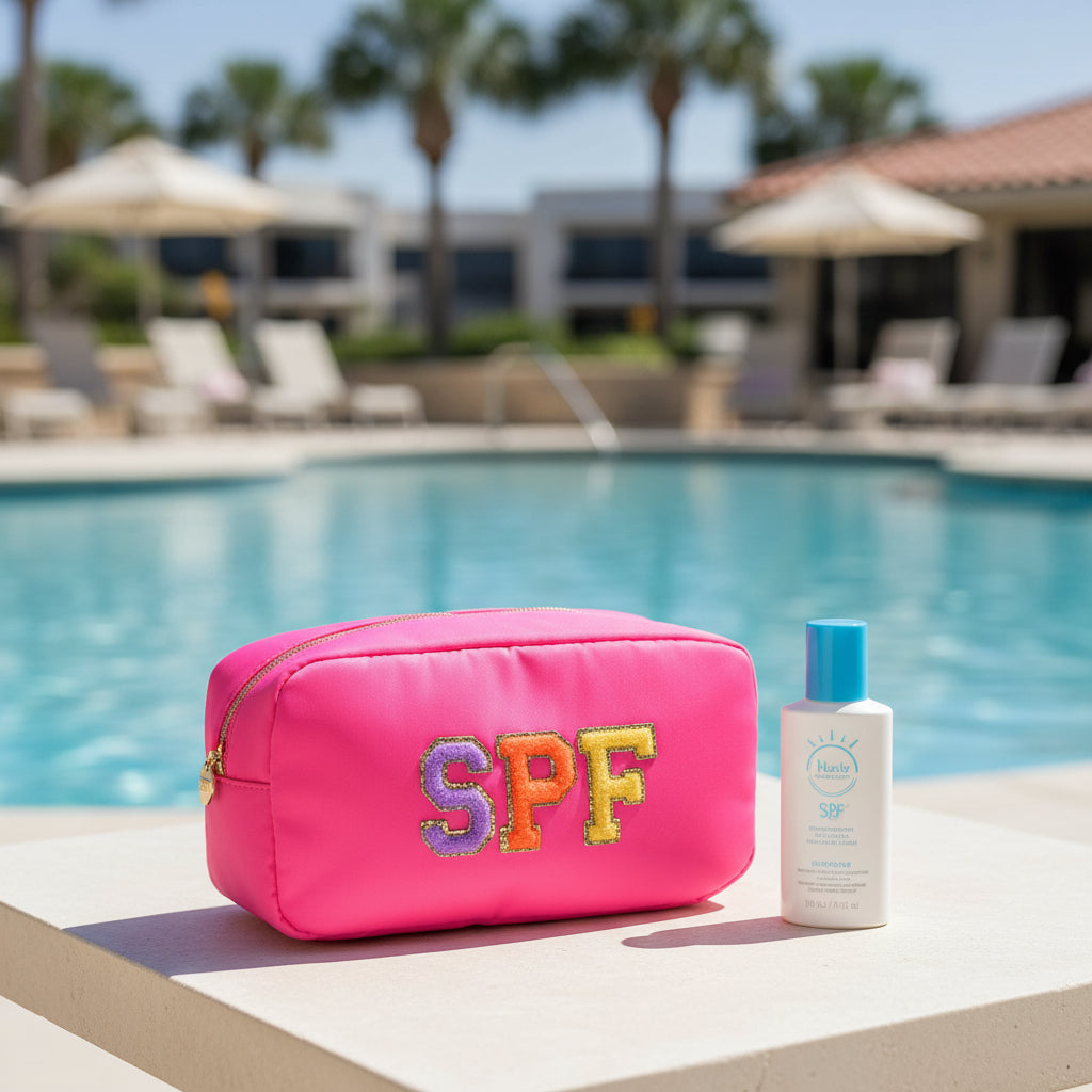 Neon Pink “Travel & SPF” Bundle – Large & Medium Pouches - The Happy Tribe