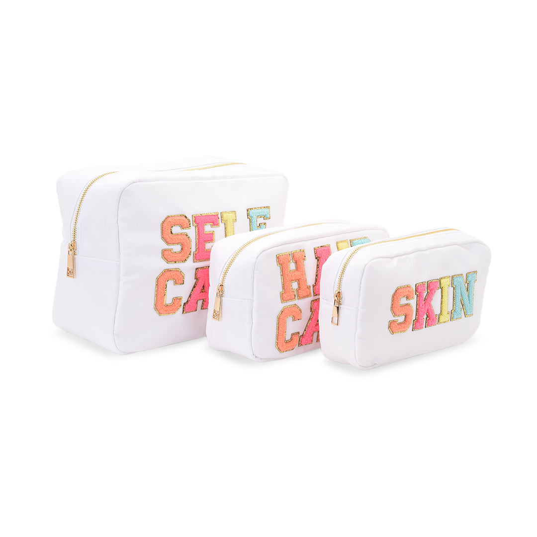 White "Self Care Bundle, Self Care, Hair Care, Skin" , Large, Medium & Small Pouch - The Happy Tribe