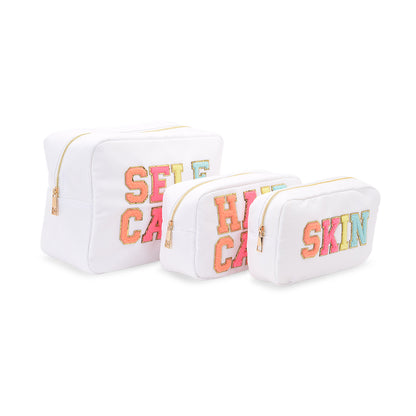 White "Self Care Bundle, Self Care, Hair Care, Skin" , Large, Medium & Small Pouch - The Happy Tribe