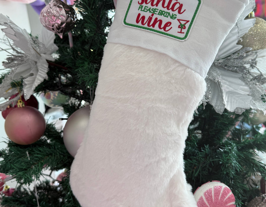 White fur Stocking “ Santa please bring wine “
