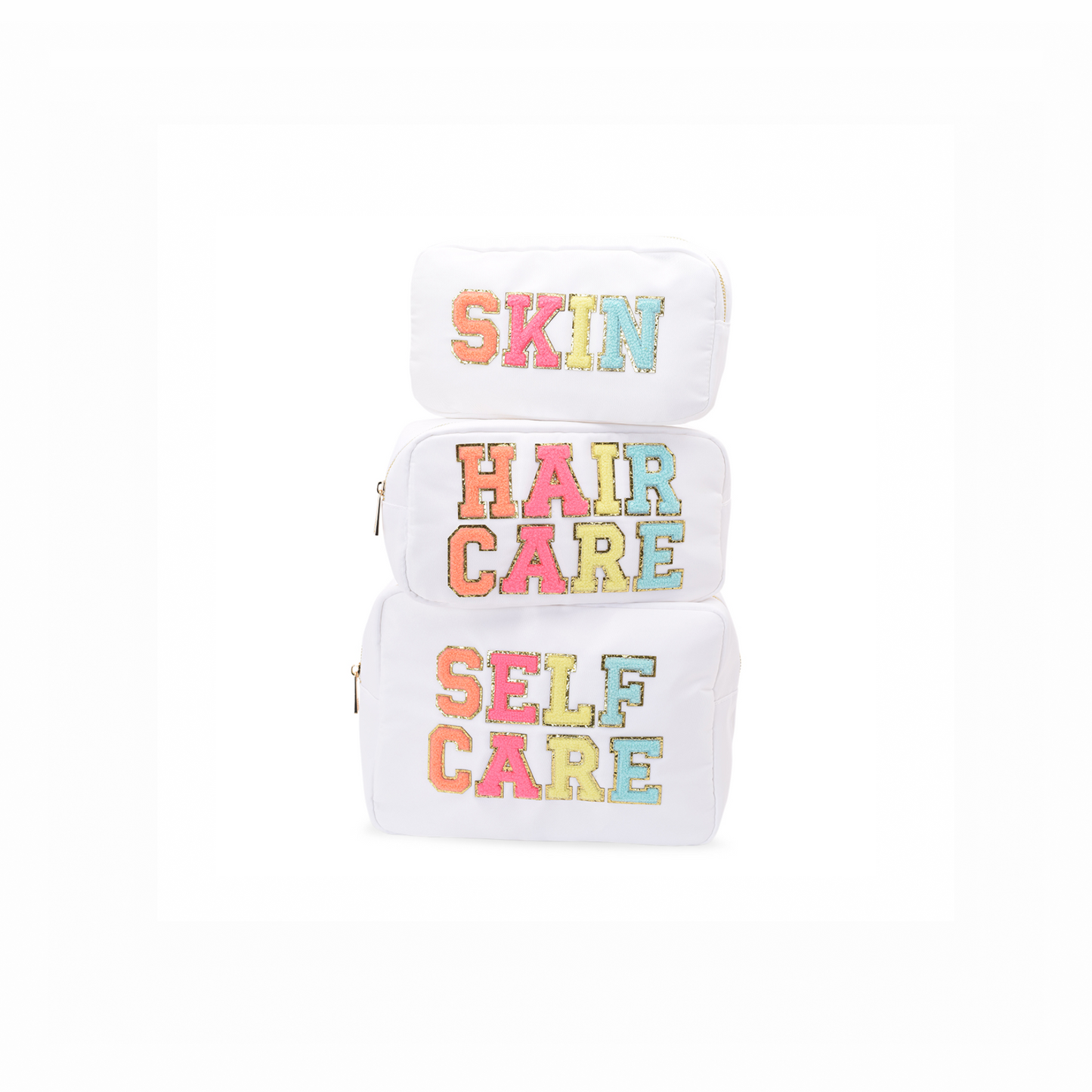 White "Self Care Bundle, Self Care, Hair Care, Skin" , Large, Medium & Small Pouch - The Happy Tribe