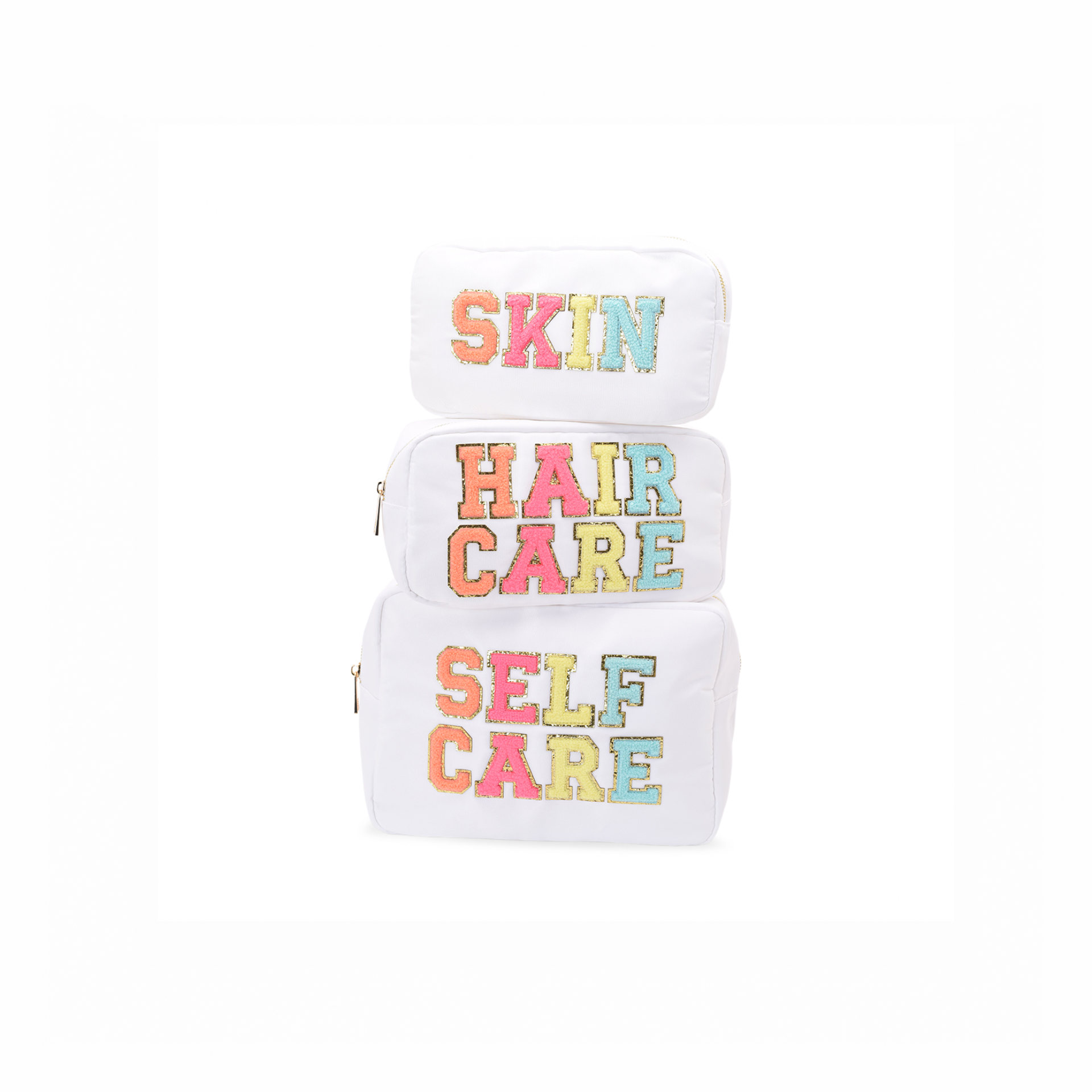 White "Self Care Bundle, Self Care, Hair Care, Skin" , Large, Medium & Small Pouch - The Happy Tribe