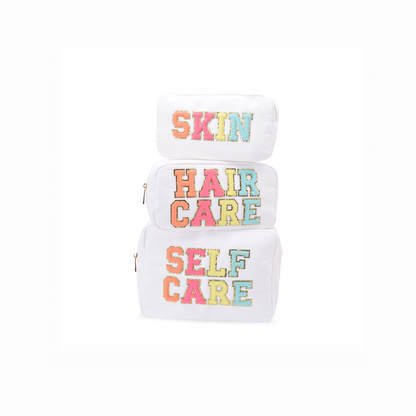 White "Self Care Bundle, Self Care, Hair Care, Skin" , Large, Medium & Small Pouch - The Happy Tribe