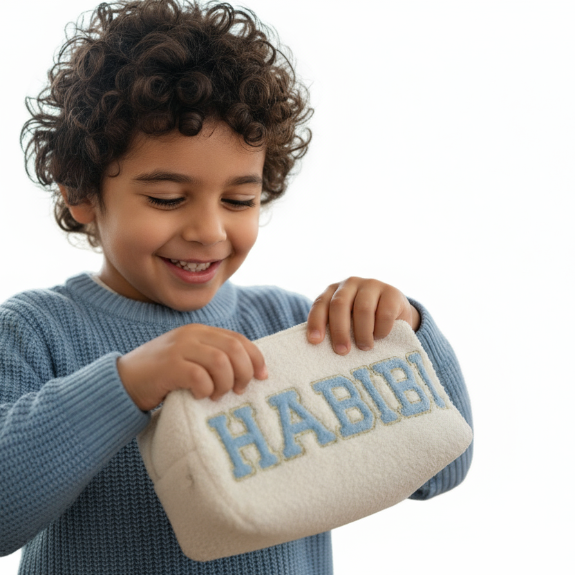 Medium Pouch in cream teddy “HABIBI"