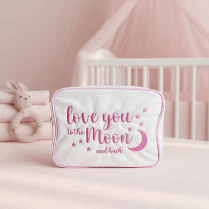 "Love You to the Moon and Back" Large Canvas Pouch, Cream with Blue Embroidery