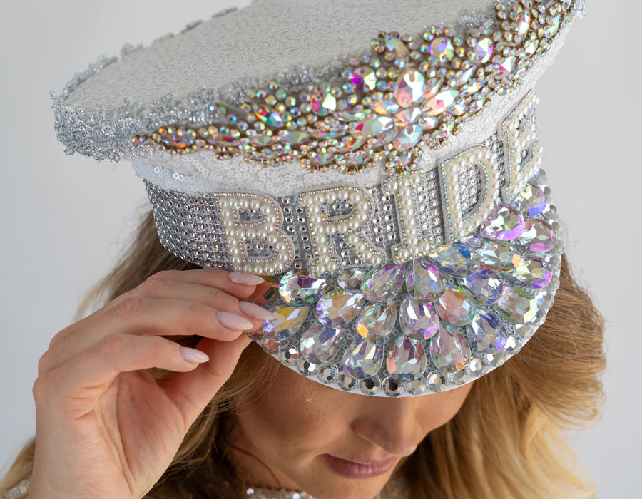 Embellished Bridal Hat – Luxe Pearl “Bride” Hat for Hen Parties & Bridal Showers