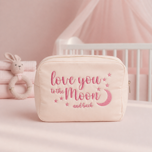 Cream with Baby Pink Trim, Large Pouch "Love You to the Moon and Back"