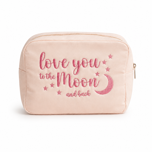 Cream with Baby Pink Trim, Large Pouch "Love You to the Moon and Back"