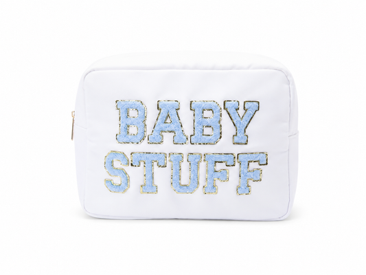 "Baby Stuff" Large Pouch, White with Baby Blue Letters