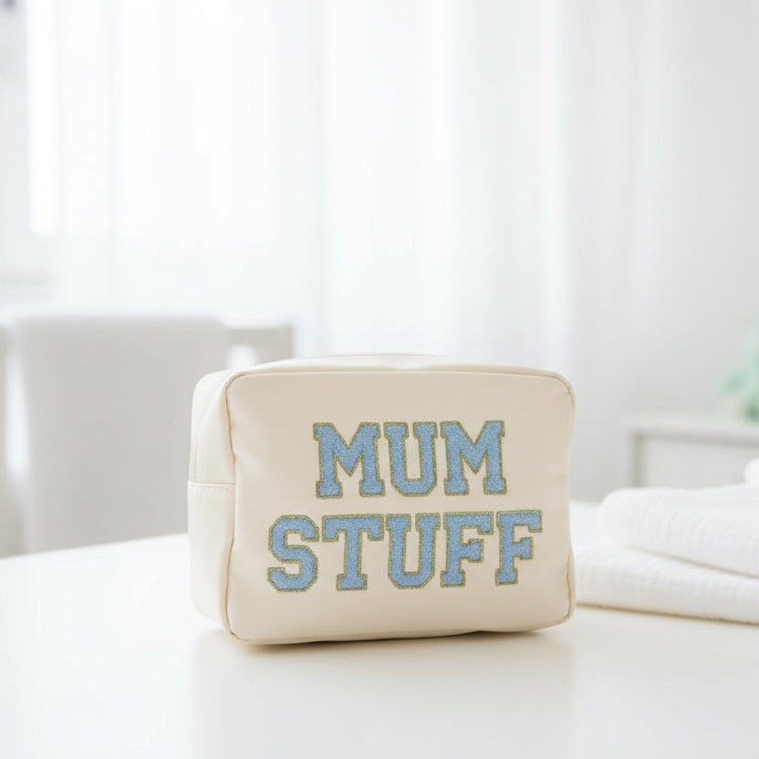 "Mum Stuff" Large Pouch, Cream with Blue Letters