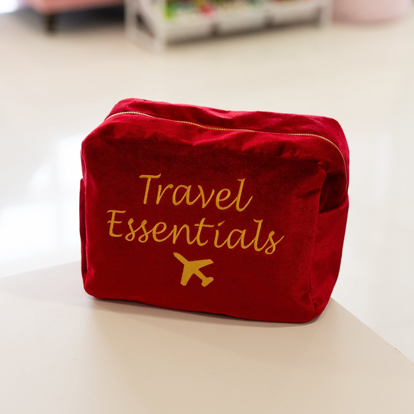 "Travel Essentials" Large Velvet Pouch, Red