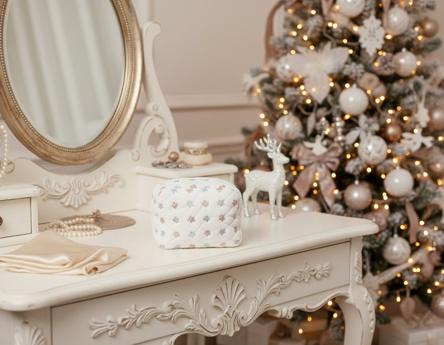 Winter Luxe Pouch Set – White Faux Fur with Rose Gold & Silver Sequins (Set of 4)