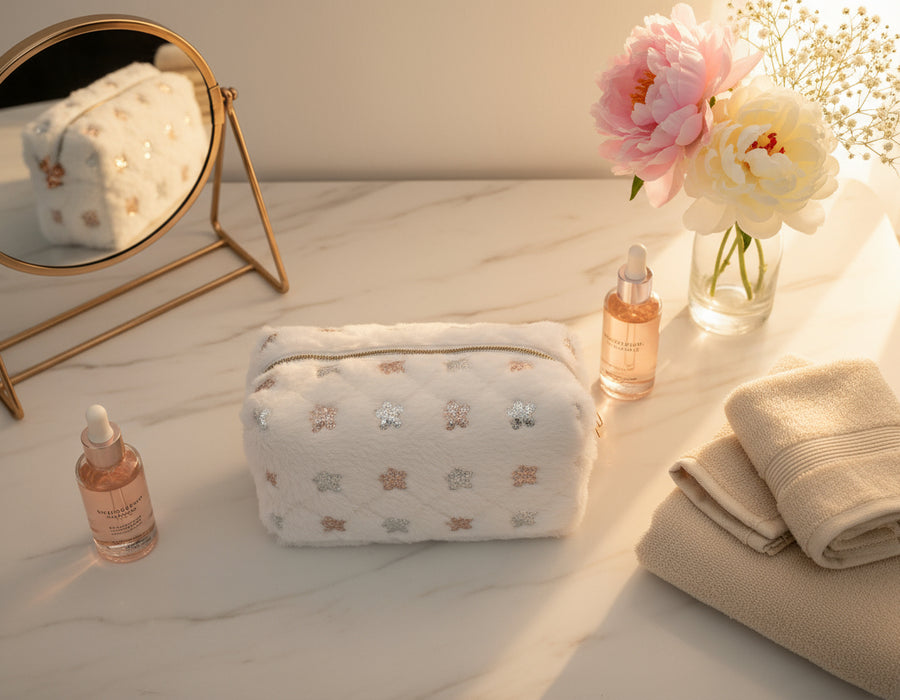 Winter Luxe Pouch Set – White Faux Fur with Rose Gold & Silver Sequins (Set of 4)