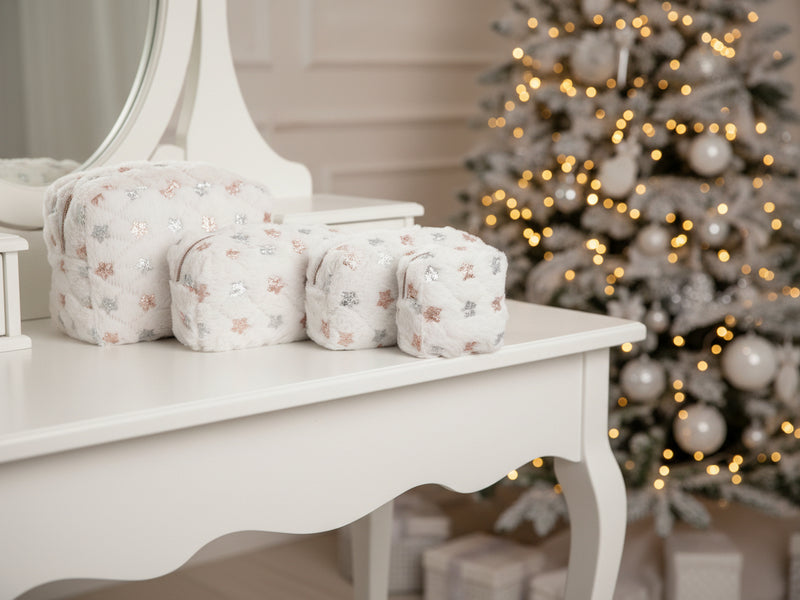Winter Luxe Pouch Set – White Faux Fur with Rose Gold & Silver Sequins (Set of 4)