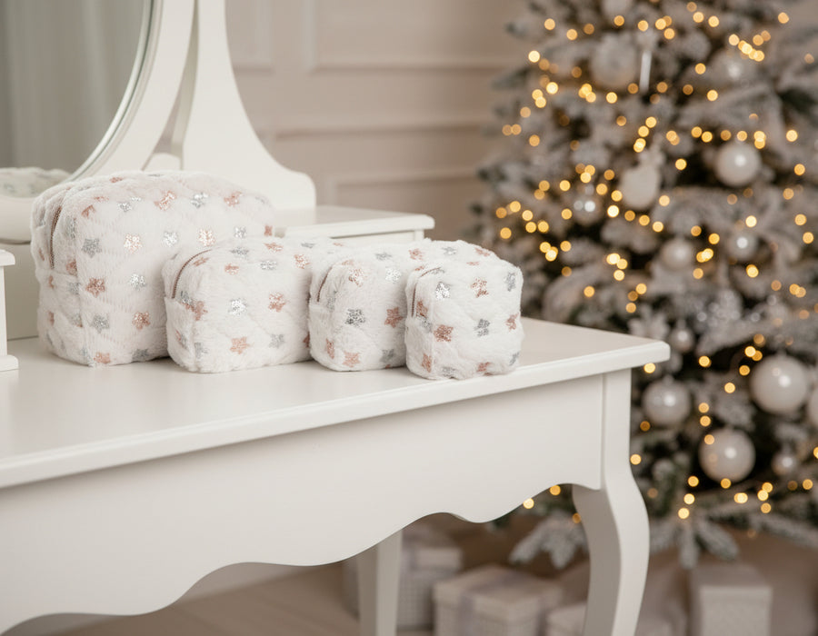 Winter Luxe Pouch Set – White Faux Fur with Rose Gold & Silver Sequins (Set of 4)