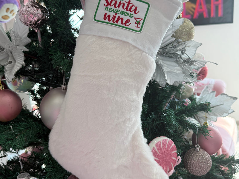 White fur Stocking “ Santa please bring wine “