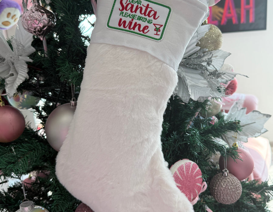 White fur Stocking “ Santa please bring wine “