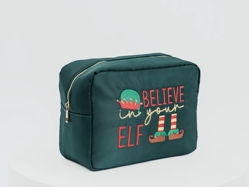 Large Green Christmas Pouch – “Believe in Your Elf”