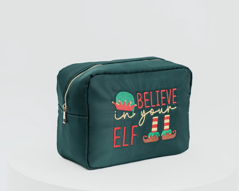 Large Green Christmas Pouch – “Believe in Your Elf”