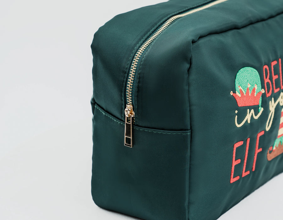 Large Green Christmas Pouch – “Believe in Your Elf”
