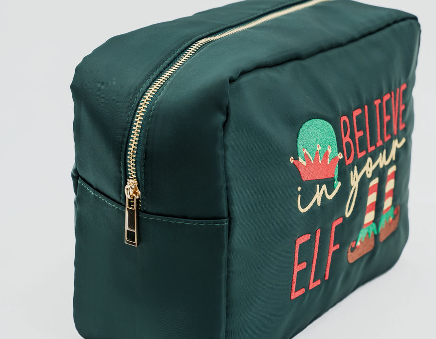 Large Green Christmas Pouch – “Believe in Your Elf”