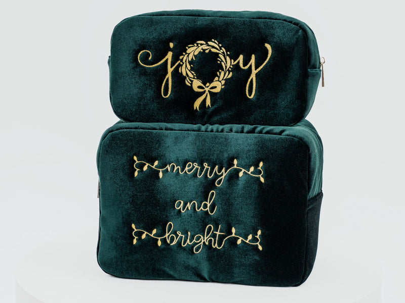 Velvet Christmas Gift Set – “Merry & Bright” + “Joy” (Large + Medium Pouch Bundle)
