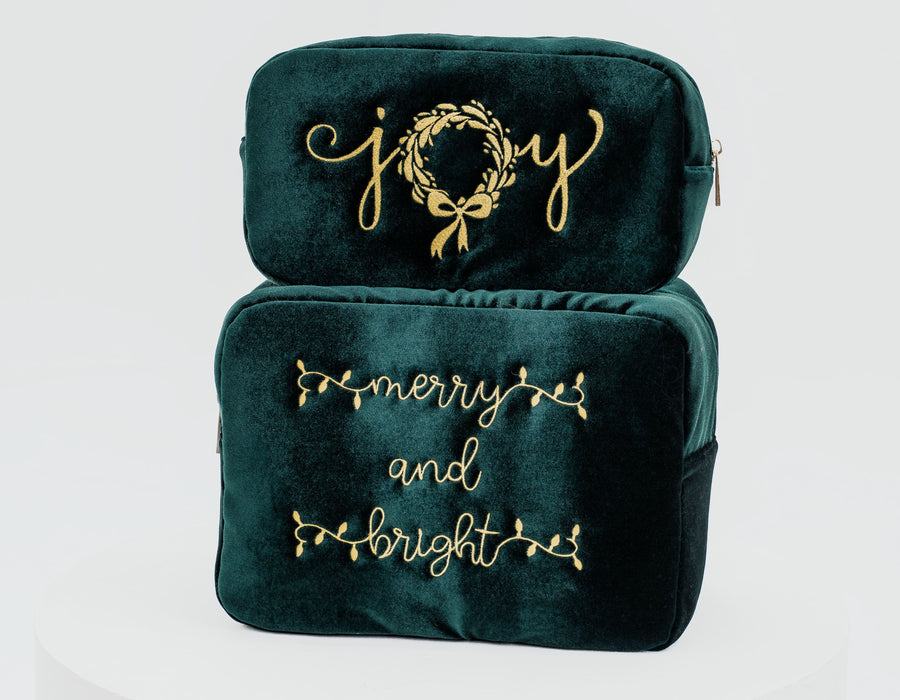 Velvet Christmas Gift Set – “Merry & Bright” + “Joy” (Large + Medium Pouch Bundle)