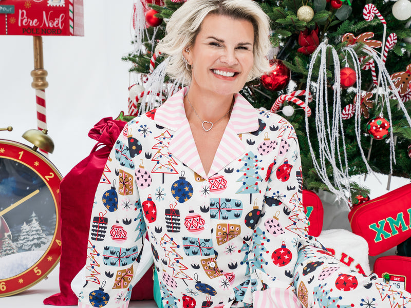 Women’s Christmas Print PJs with Striped Collar & Cuffs