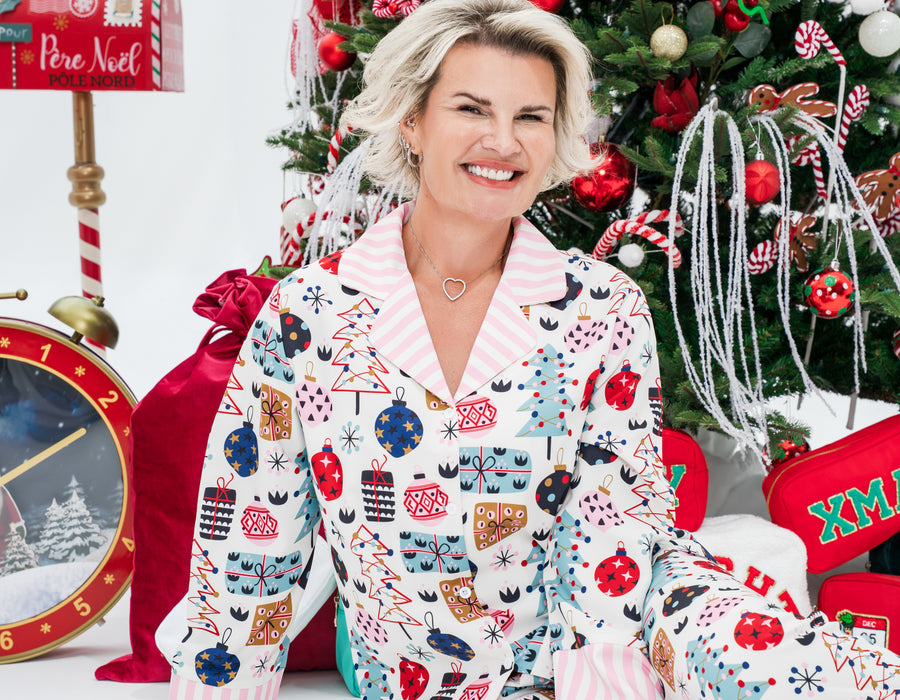 Women’s Christmas Print PJs with Striped Collar & Cuffs