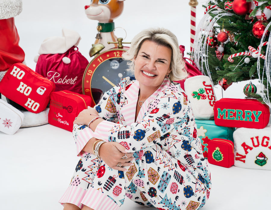 Women’s Christmas Print PJs with Striped Collar & Cuffs