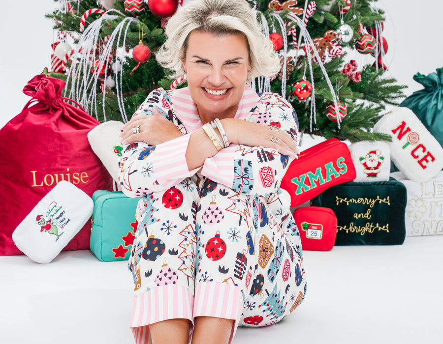 Women’s Christmas Print PJs with Striped Collar & Cuffs