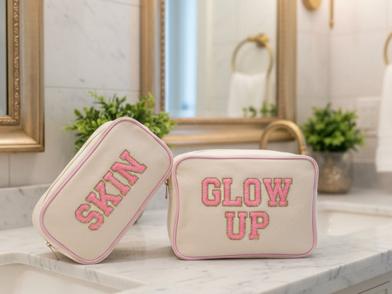 Cream with Baby Pink Trim Large Pouch - 