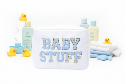 White Large Pouch - Blue "Baby Stuff" - The Happy Tribe