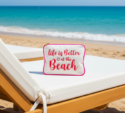 "Life is Better at the Beach" Large Pouch, Cream
